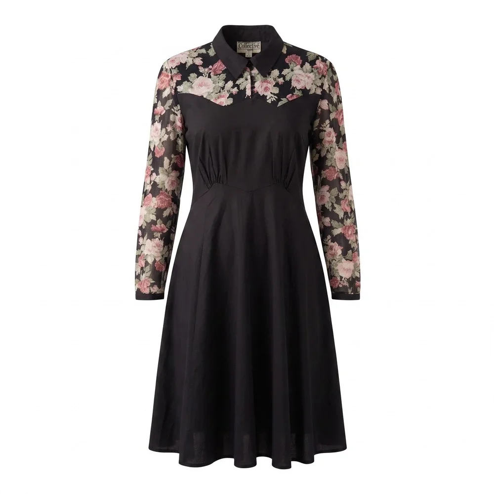 Collectif London‎ Dress 18 Black Floral Mesh Sleeve Retro Rockabilly Pinup Midi